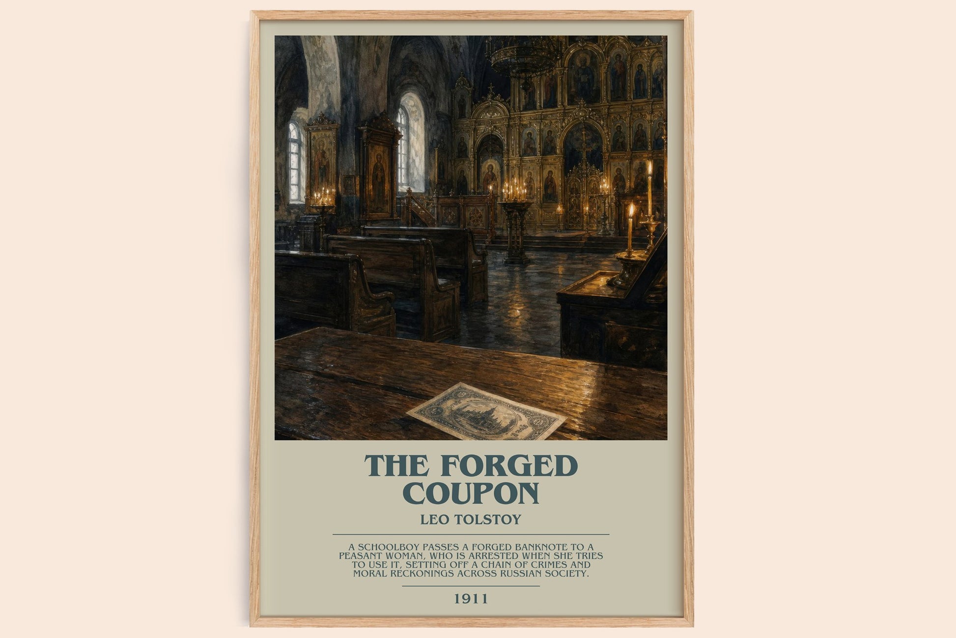 The Forged Coupon bookish book poster by Leo Tolstoy – framed literary art print