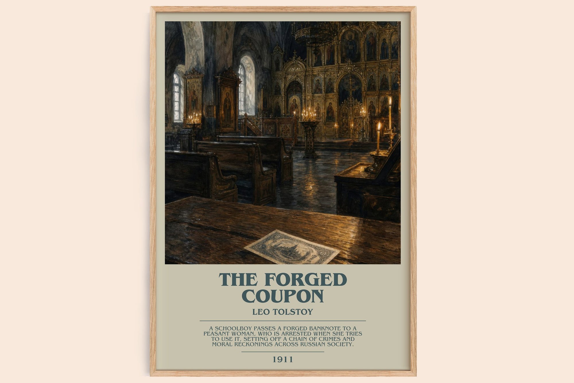 The Forged Coupon bookish book poster by Leo Tolstoy – framed literary art print