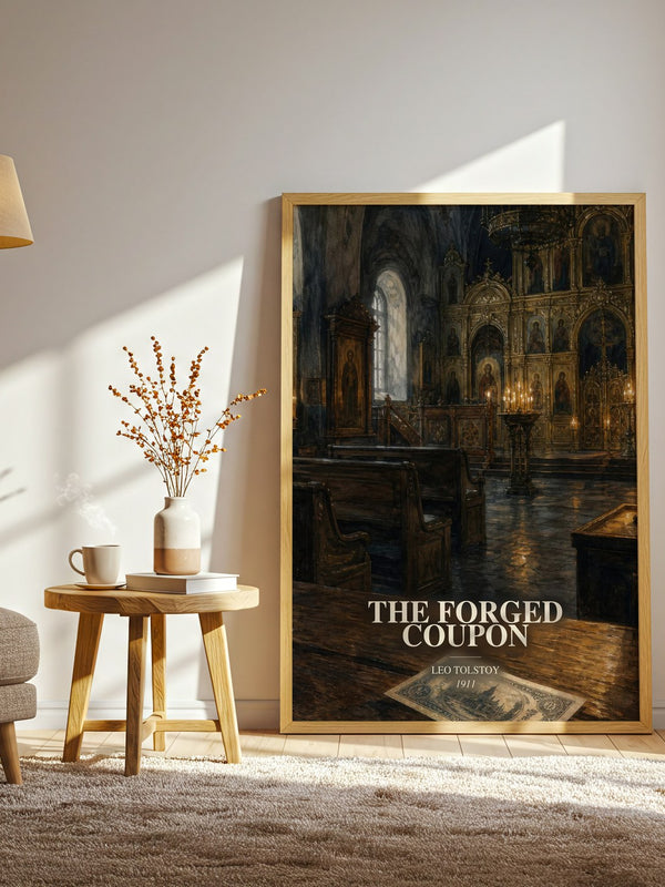 The Forged Coupon watercolour print in frame leaning in hallway – classic literature wall art