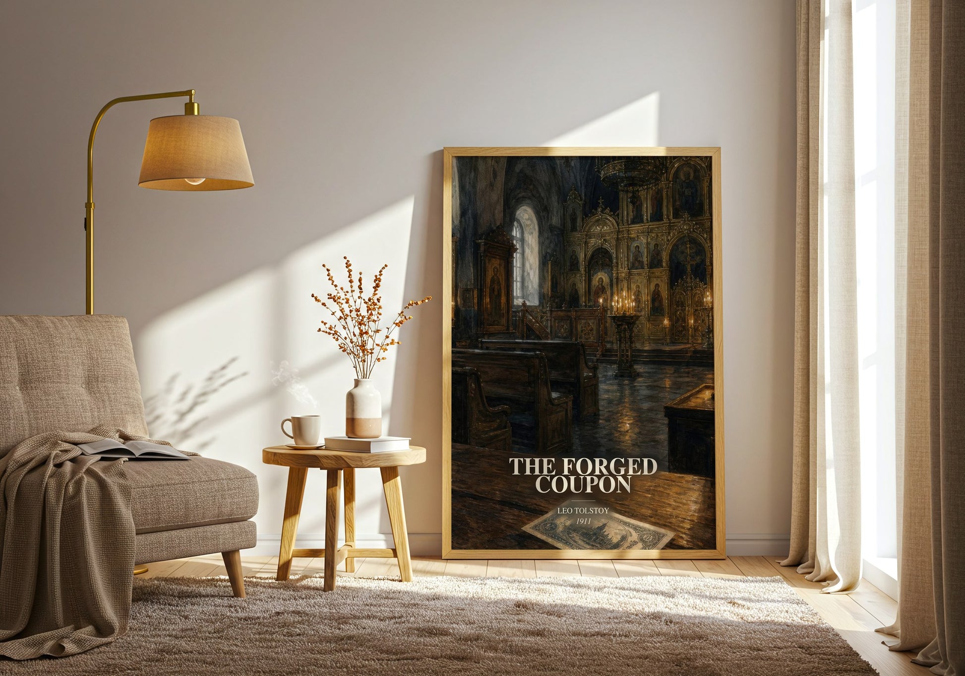 The Forged Coupon watercolour print in frame leaning in hallway – classic literature wall art