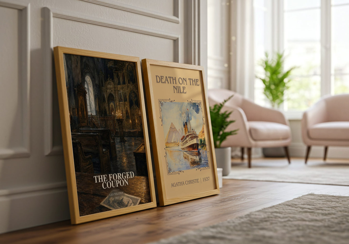 The Forged Coupon watercolour print framed by window – literary home decor