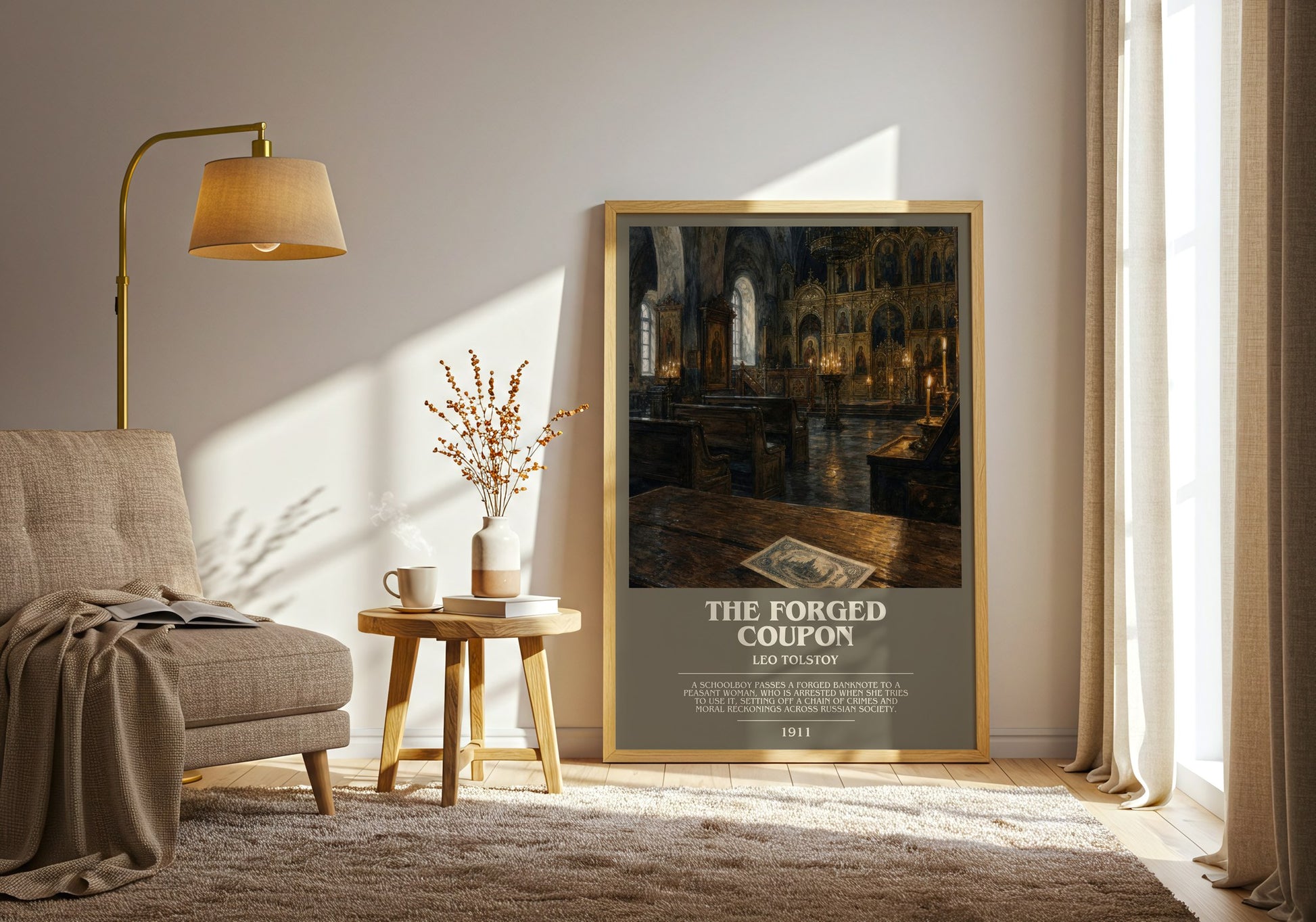 The Forged Coupon bookish print on bookshelf – Leo Tolstoy fan gift