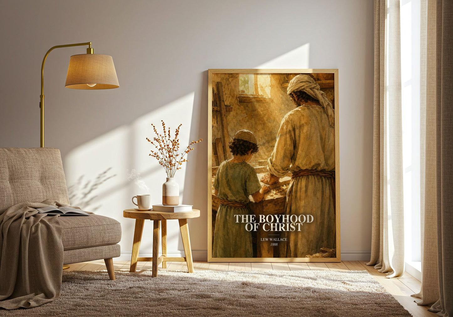 The Boyhood Of Christ watercolour print in frame leaning in hallway – historical fiction wall art