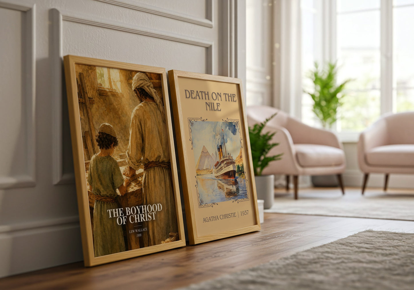 The Boyhood Of Christ watercolour print framed by window – literary home decor