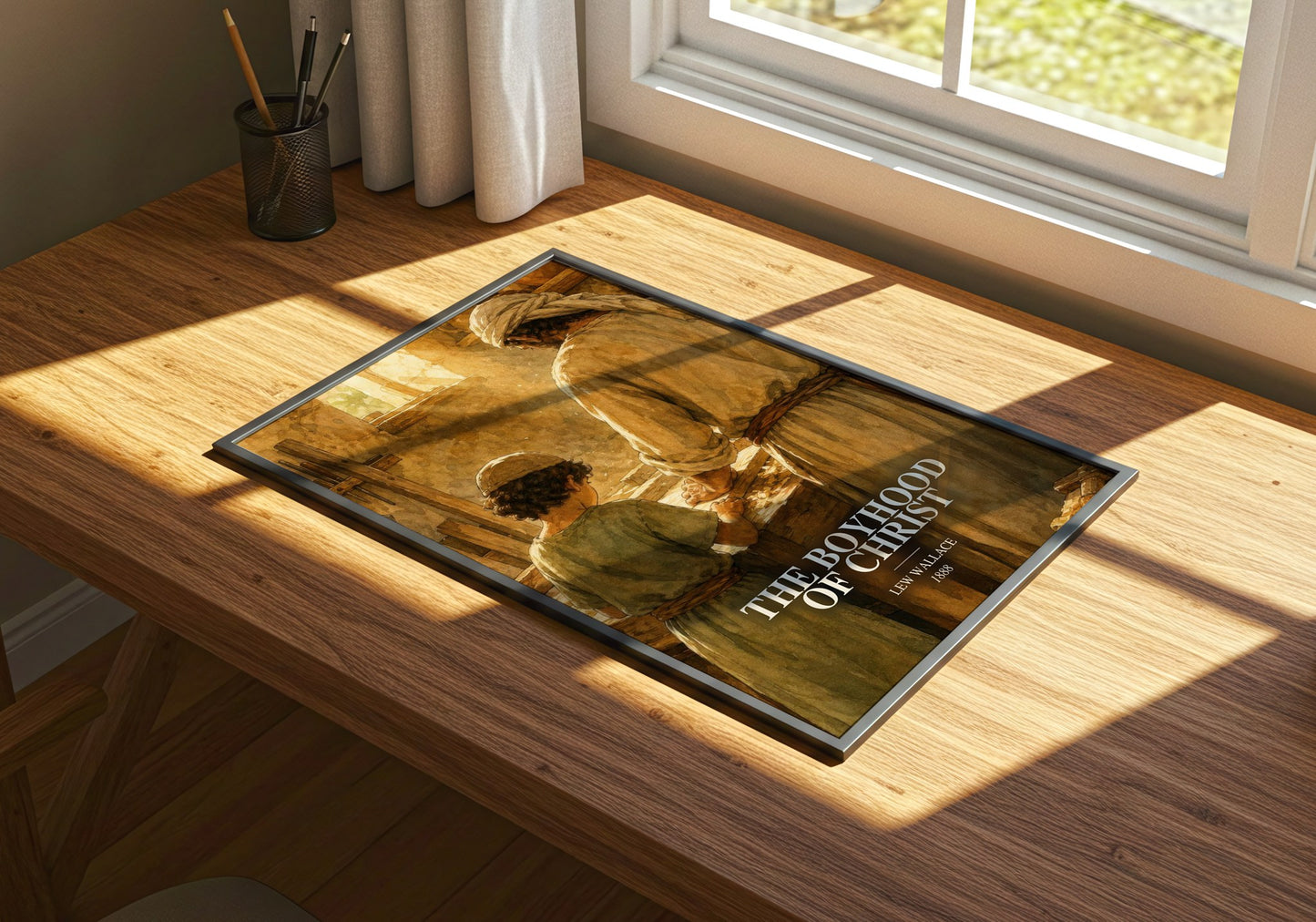 The Boyhood Of Christ watercolour book poster framed on wall – historical fiction wall art