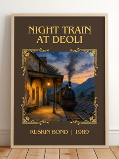 Night Train at Deoli Classic Book Art Print by Ruskin Bond – framed print leaning on a wooden floor