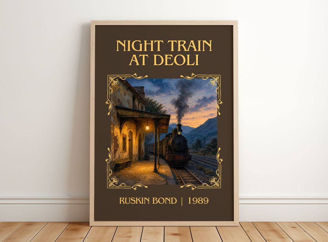 Night Train at Deoli Classic Book Art Print by Ruskin Bond – framed print leaning on a wooden floor