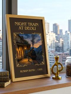 Night Train at Deoli Classic Book Art Print by Ruskin Bond – framed print on a city-view windowsill