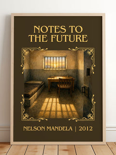 Notes to the future Classic Book Art Print by Nelson Mandela – framed print leaning on a wooden floor