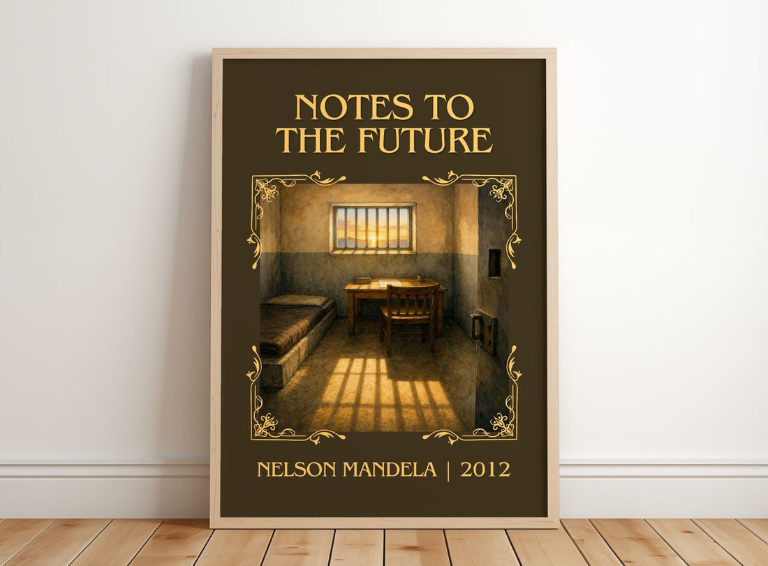Notes to the future Classic Book Art Print by Nelson Mandela – framed print leaning on a wooden floor