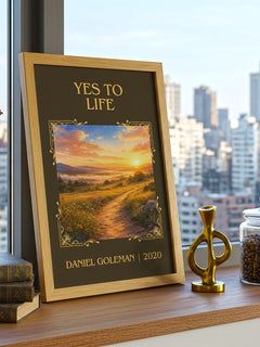 Yes to Life Classic Book Art Print by Daniel Goleman – framed print on a city-view windowsill