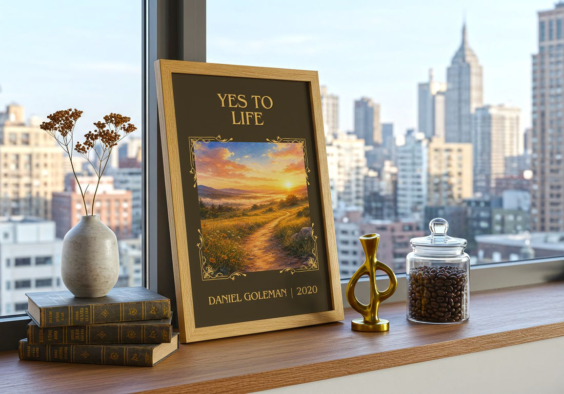 Yes to Life Classic Book Art Print by Daniel Goleman – framed print on a city-view windowsill