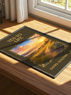 Yes to Life Classic Book Art Print by Daniel Goleman – print on a sunlit desk