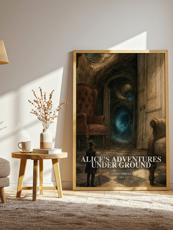 Alice'S Adventures Under Ground watercolour print in frame leaning in hallway – childrens wall art