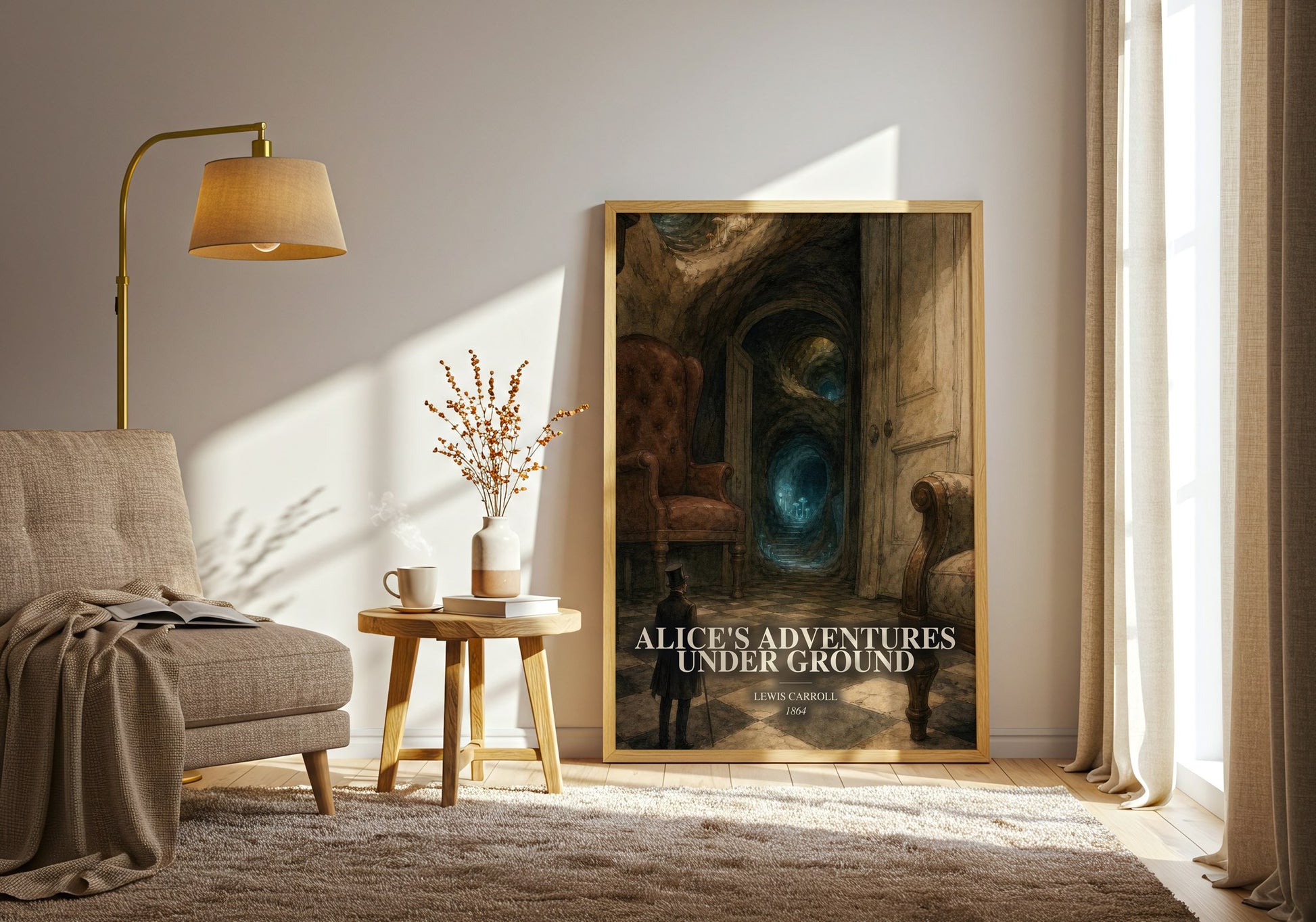 Alice'S Adventures Under Ground watercolour print in frame leaning in hallway – childrens wall art