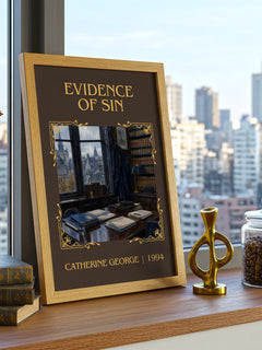 Evidence of Sin Classic Book Art Print by Catherine George – framed print on a city-view windowsill