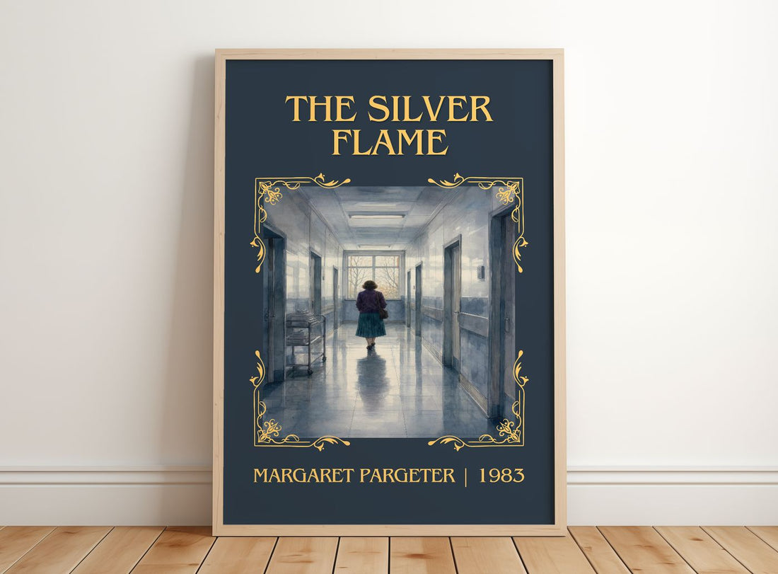 The silver flame Classic Book Art Print by Margaret Pargeter – framed print leaning on a wooden floor