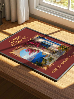 Dark Enigma Classic Book Art Print by Rebecca Stratton – print on a sunlit desk