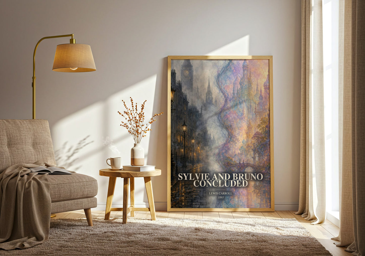 Sylvie And Bruno Concluded watercolour print in frame leaning in hallway – childrens wall art