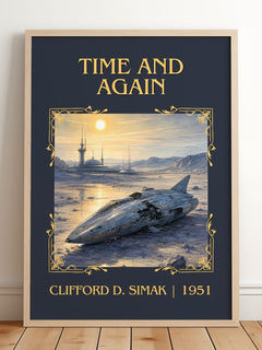 Time and again Classic Book Art Print by Clifford D. Simak – framed print leaning on a wooden floor