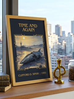 Time and again Classic Book Art Print by Clifford D. Simak – framed print on a city-view windowsill