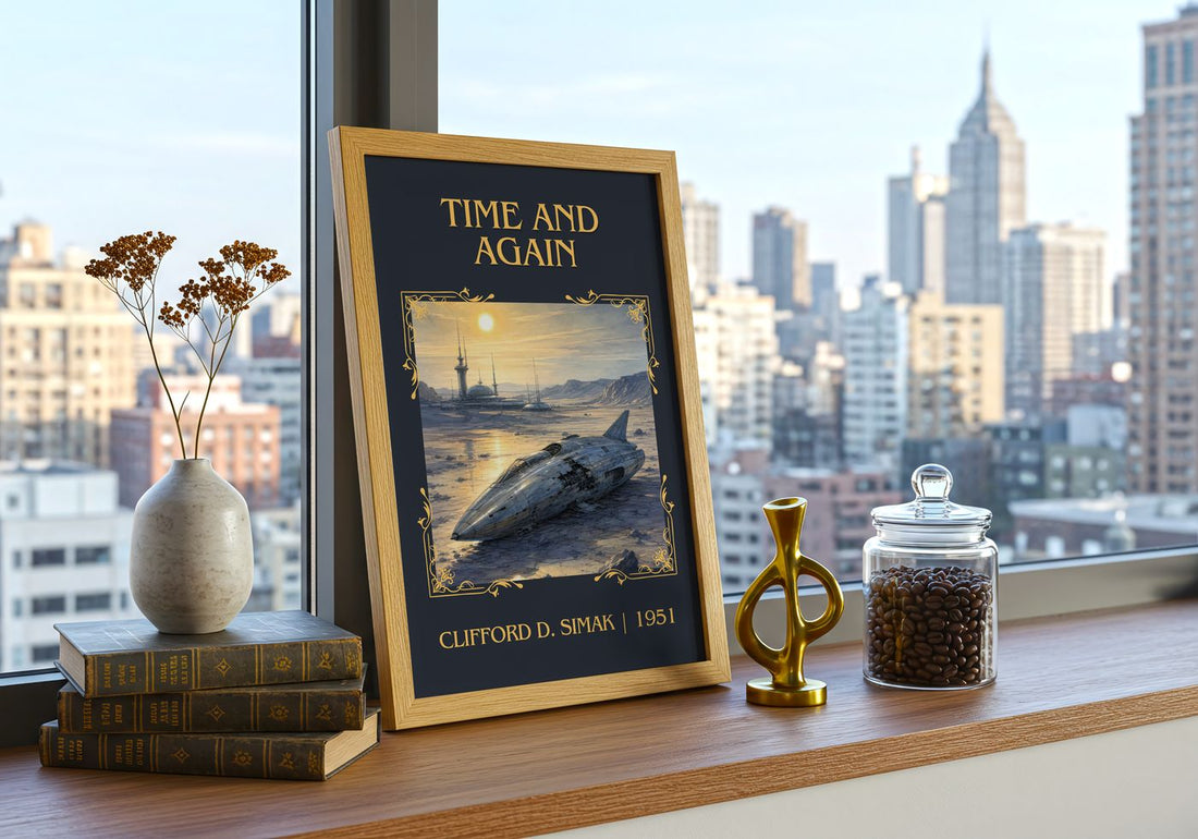 Time and again Classic Book Art Print by Clifford D. Simak – framed print on a city-view windowsill