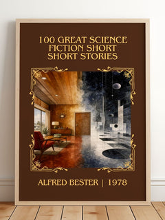 100 Great Science Fiction Short Short Stories Classic Book Art Print by Alfred Bester – framed print leaning on a wooden floor