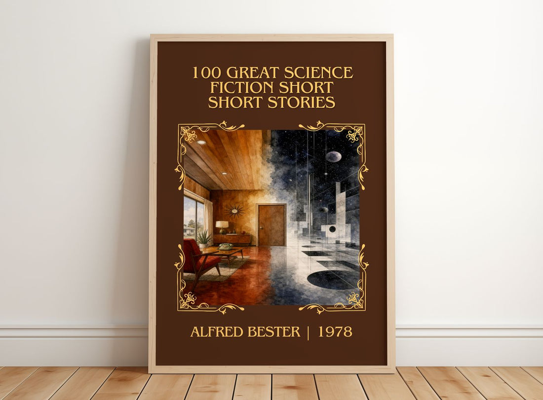 100 Great Science Fiction Short Short Stories Classic Book Art Print by Alfred Bester – framed print leaning on a wooden floor