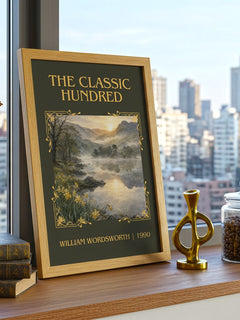 The Classic Hundred Classic Book Art Print by William Wordsworth – framed print on a city-view windowsill