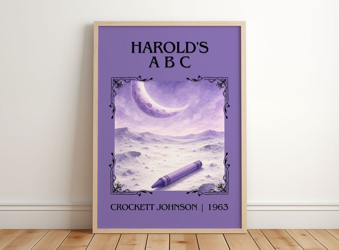Harold's A B C Classic Book Art Print by Crockett Johnson – framed print leaning on a wooden floor