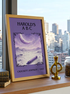 Harold's A B C Classic Book Art Print by Crockett Johnson – framed print on a city-view windowsill