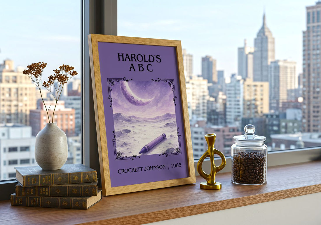 Harold's A B C Classic Book Art Print by Crockett Johnson – framed print on a city-view windowsill