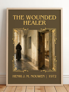 The wounded healer Classic Book Art Print by Henri J. M. Nouwen – framed print leaning on a wooden floor