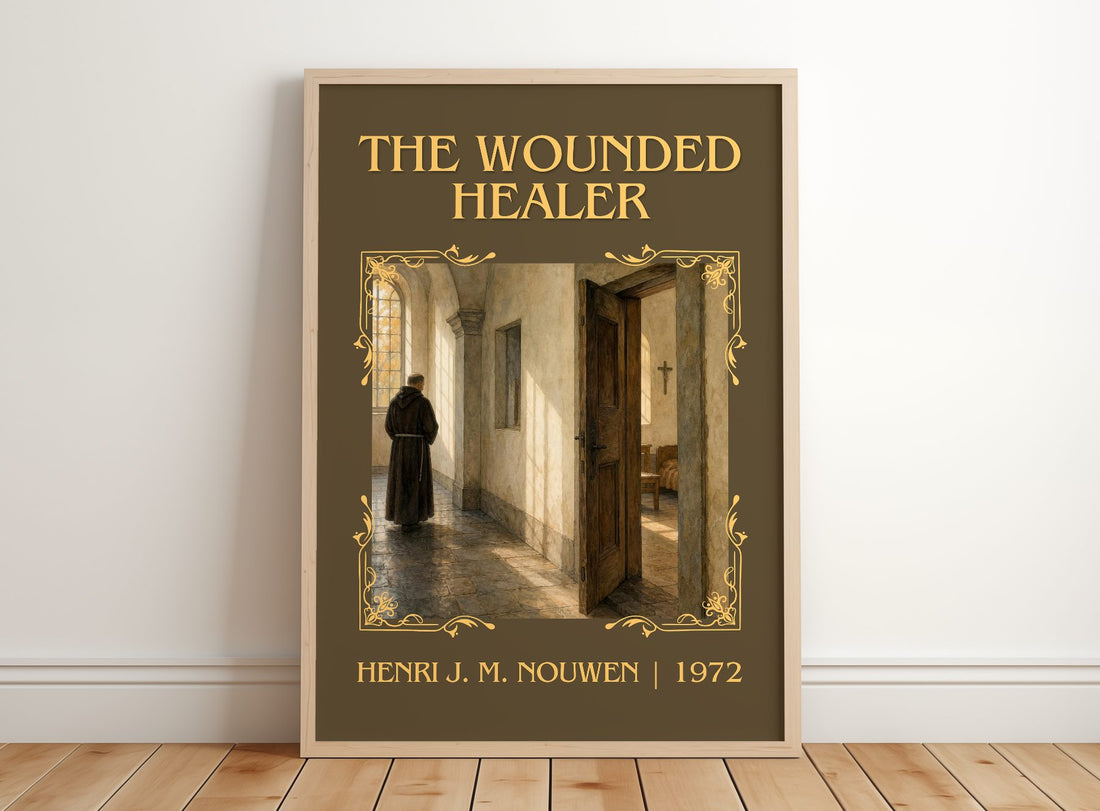 The wounded healer Classic Book Art Print by Henri J. M. Nouwen – framed print leaning on a wooden floor
