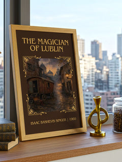 The magician of Lublin Classic Book Art Print by Isaac Bashevis Singer – framed print on a city-view windowsill