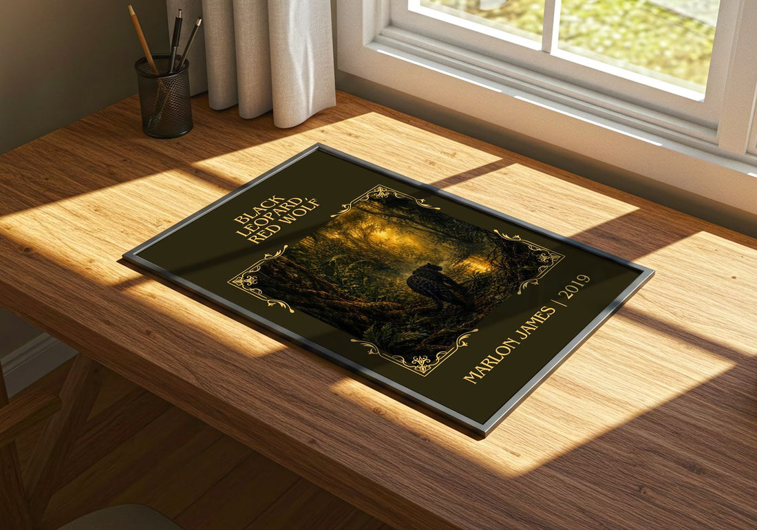 Black Leopard, Red Wolf Classic Book Art Print by Marlon James – print on a sunlit desk