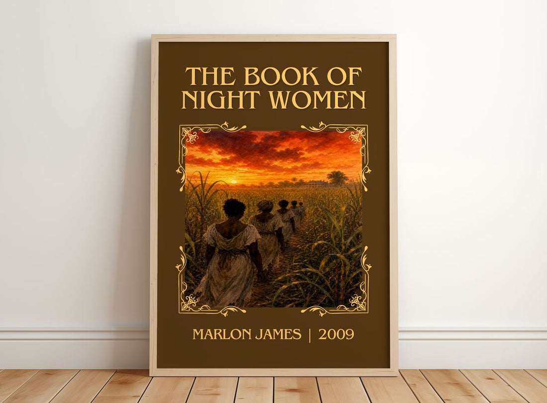 The book of night women Classic Book Art Print by Marlon James – framed print leaning on a wooden floor