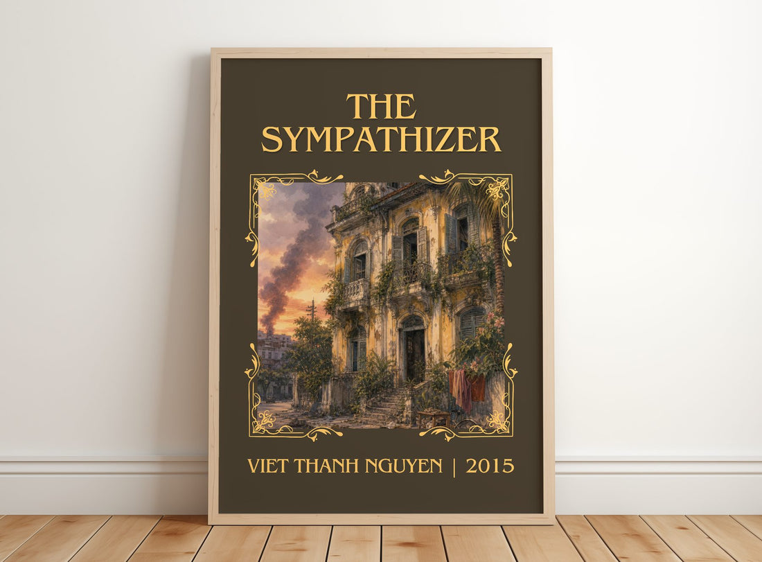The Sympathizer Classic Book Art Print by Viet Thanh Nguyen – framed print leaning on a wooden floor