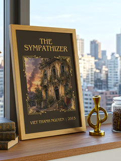 The Sympathizer Classic Book Art Print by Viet Thanh Nguyen – framed print on a city-view windowsill