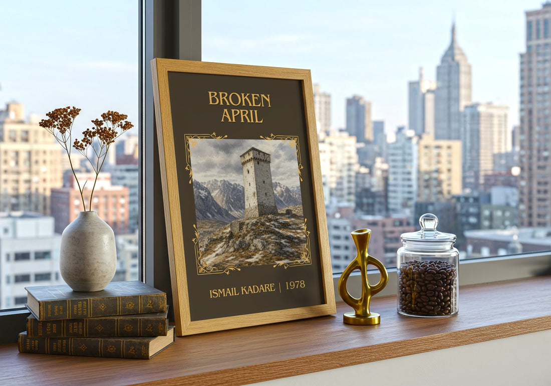 Broken April Classic Book Art Print by Ismail Kadare – framed print on a city-view windowsill