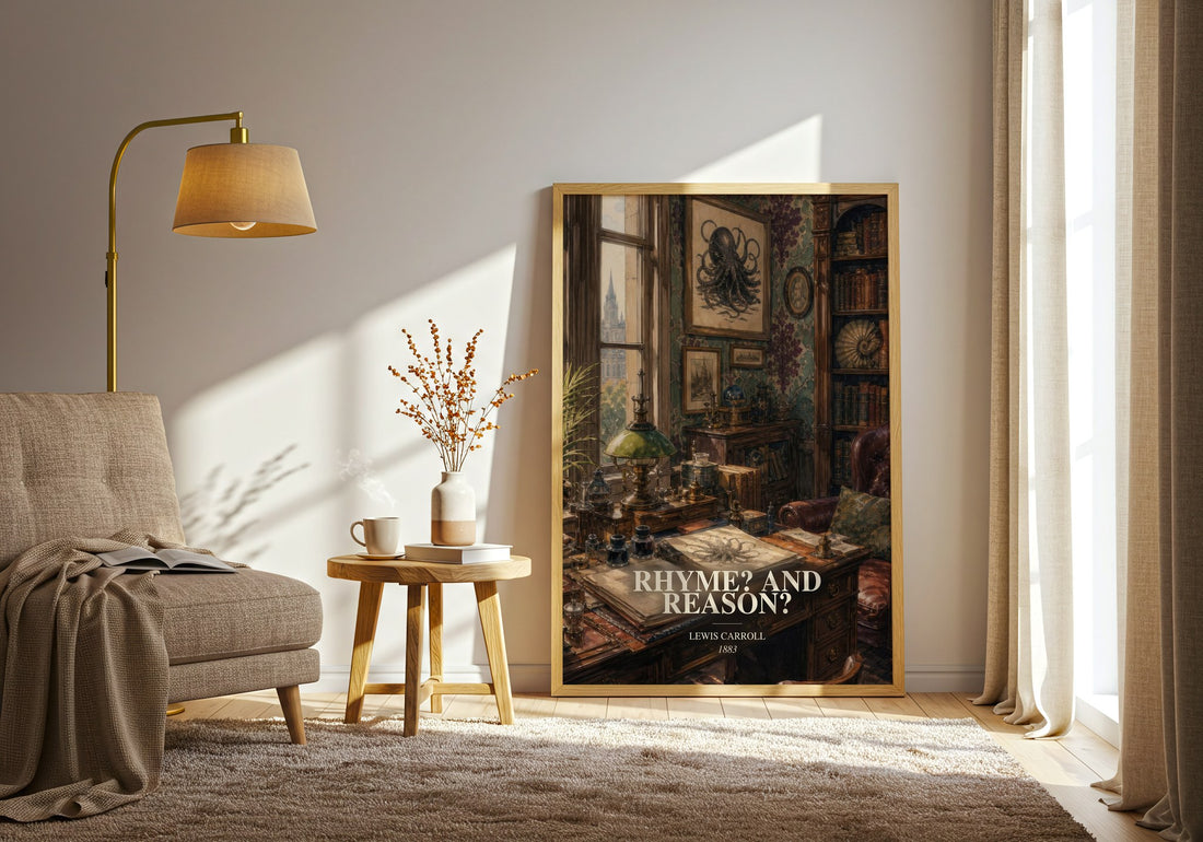 Rhyme? And Reason? watercolour print in frame leaning in hallway – poetry wall art (mockup)