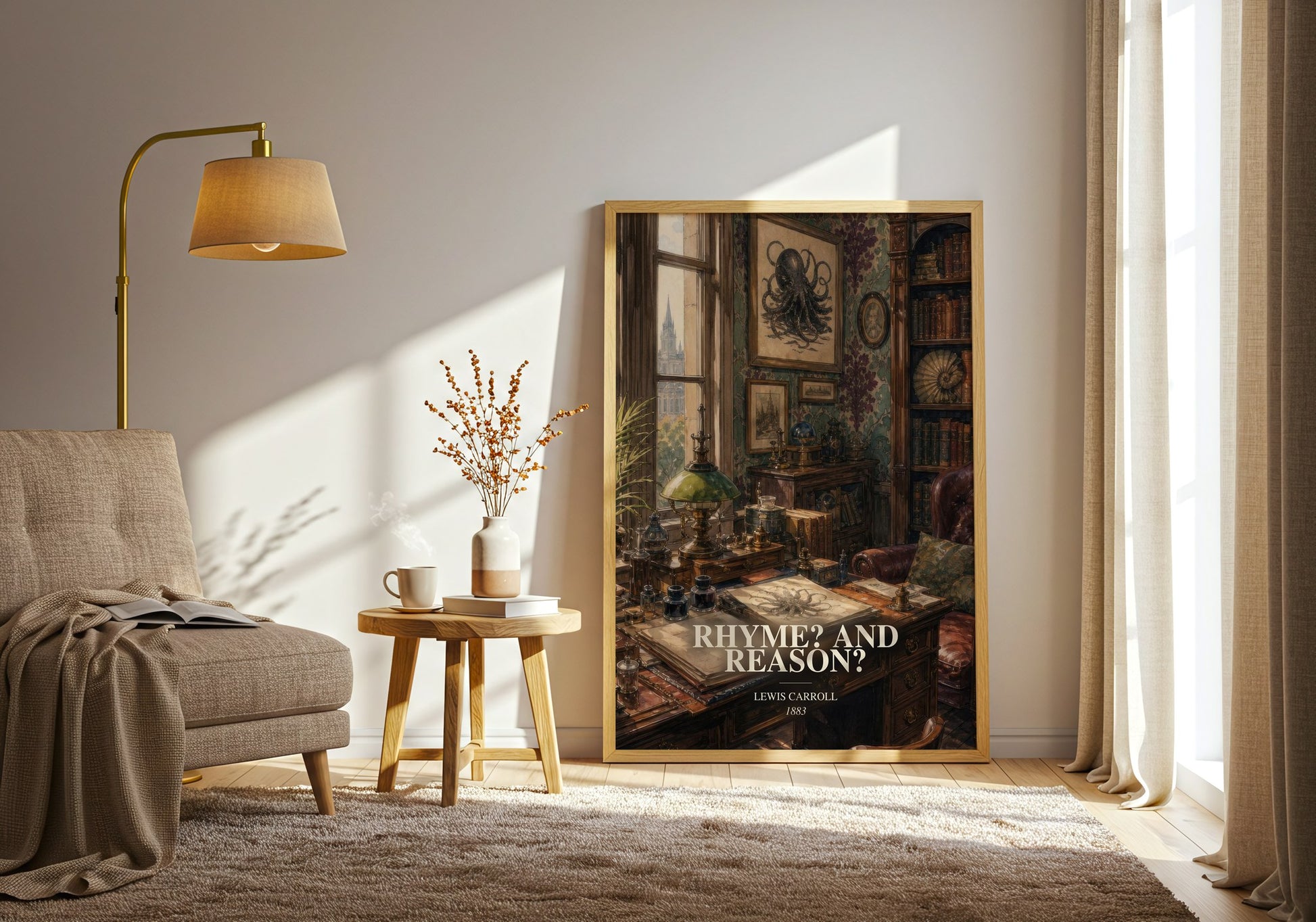 Rhyme? And Reason? watercolour print in frame leaning in hallway – poetry wall art