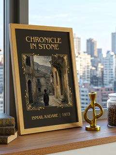 Chronicle in Stone Classic Book Art Print by Ismail Kadare – framed print on a city-view windowsill