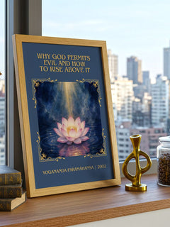 Why god permits evil and how to rise above it Classic Book Art Print by Yogananda Paramahansa – framed print on a city-view windowsill