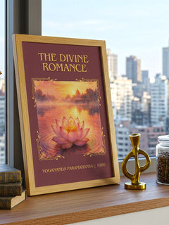 The divine romance Classic Book Art Print by Yogananda Paramahansa – framed print on a city-view windowsill