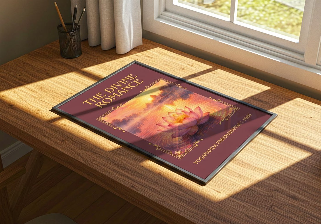 The divine romance Classic Book Art Print by Yogananda Paramahansa – print on a sunlit desk