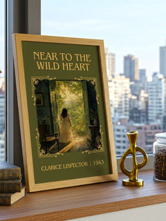 Near to the wild heart Classic Book Art Print by Clarice Lispector – framed print on a city-view windowsill