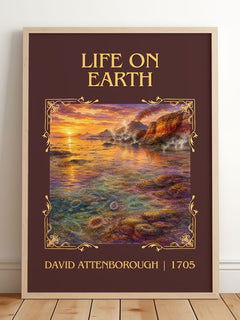 Life on Earth Classic Book Art Print by David Attenborough – framed print leaning on a wooden floor