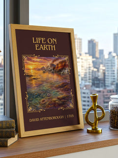 Life on Earth Classic Book Art Print by David Attenborough – framed print on a city-view windowsill