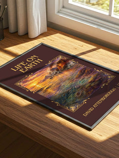 Life on Earth Classic Book Art Print by David Attenborough – print on a sunlit desk